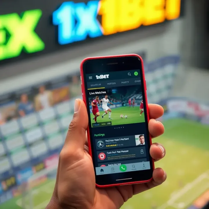 Mobile phone displaying 1xbet app with live football match and betting options
