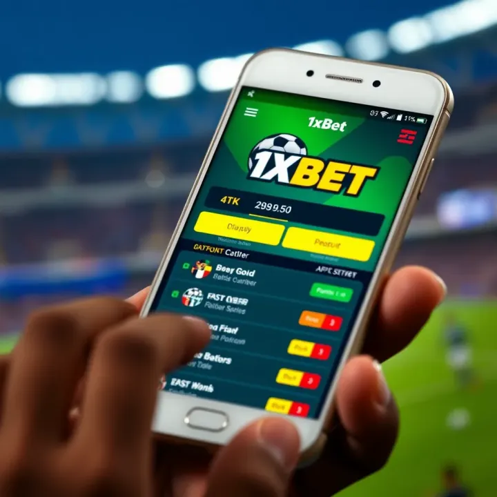 Mobile device displaying the 1xBet app interface with betting options on screen