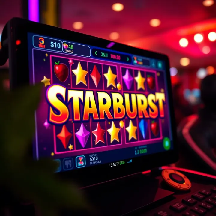 Colorful Starburst slot game interface on a digital screen