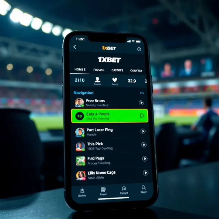 Mobile phone displaying 1xBet app with highlighted navigation menu for easy access