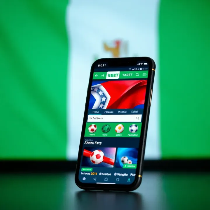 Mobile phone displaying 1xBet app interface with Nigerian flag background