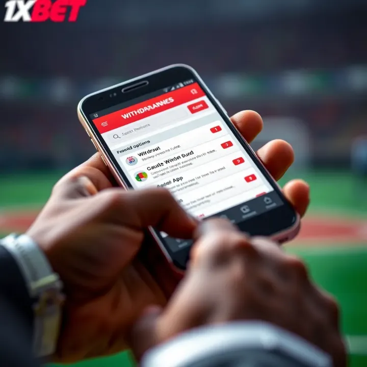 Mobile phone displaying 1xBet app with withdrawal options visible on screen