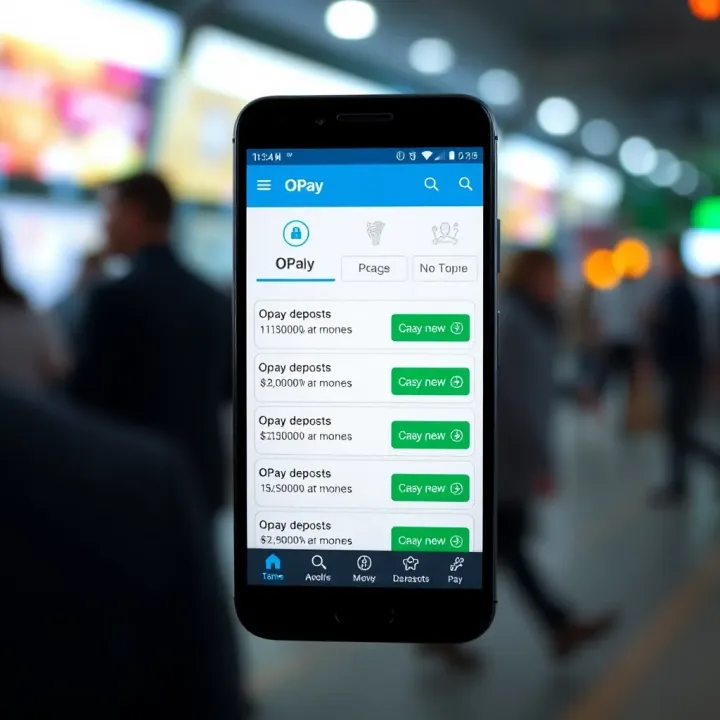 OPay App Showing Money Deposit Options Mobile phone displaying OPay app interface with money transfer options