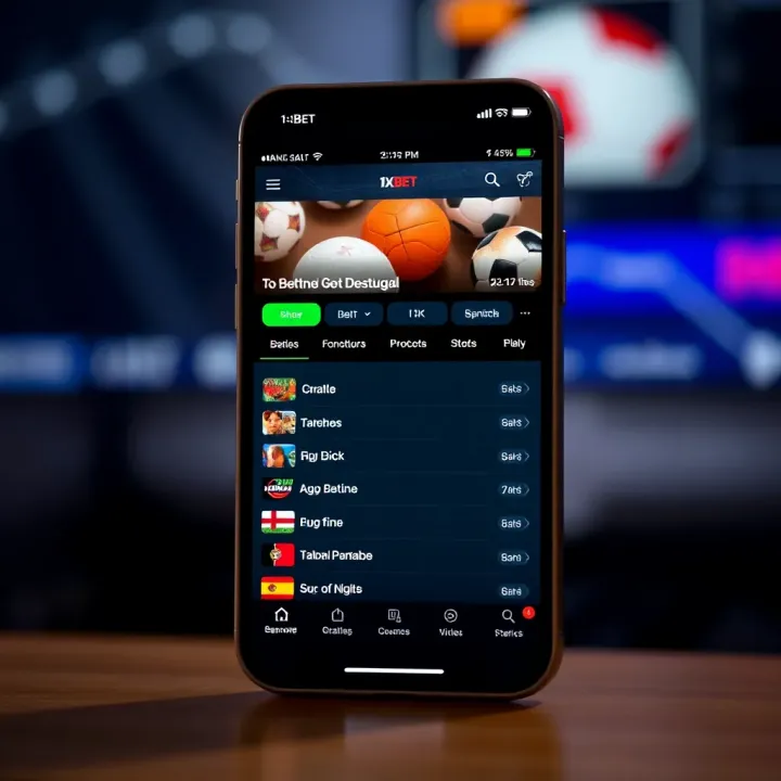 Mobile phone displaying the 1xBet app interface with betting options on screen