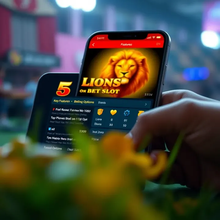 Illustration of a mobile device displaying 5 Lions slot on 1xBet with key features and betting options