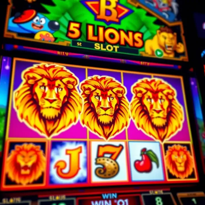 Colorful 5 Lions slot machine screen showing vibrant lion symbols and winning paylines