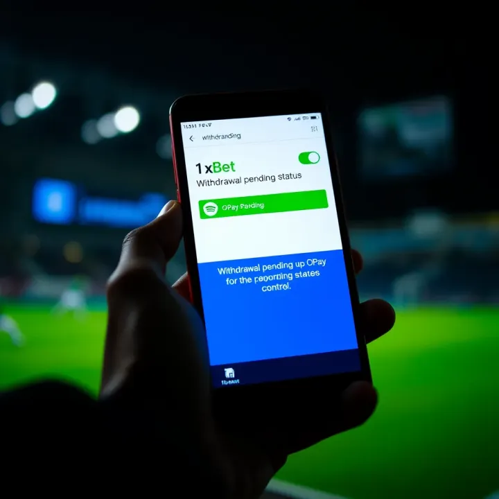 Mobile phone displaying 1xBet app with OPay logo indicating withdrawal pending status