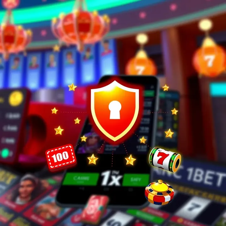 Ensuring Safety While Using 1xbet App for Betting and Casino Games Graphic illustrating secure mobile betting with shield symbol and casino game icons