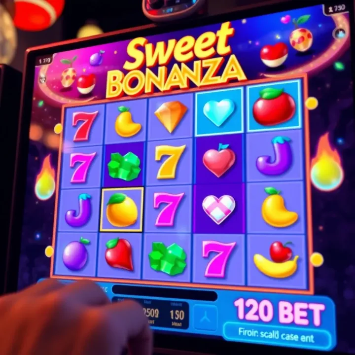 Colorful Sweet Bonanza slot symbols with fruits and candies on a digital screen