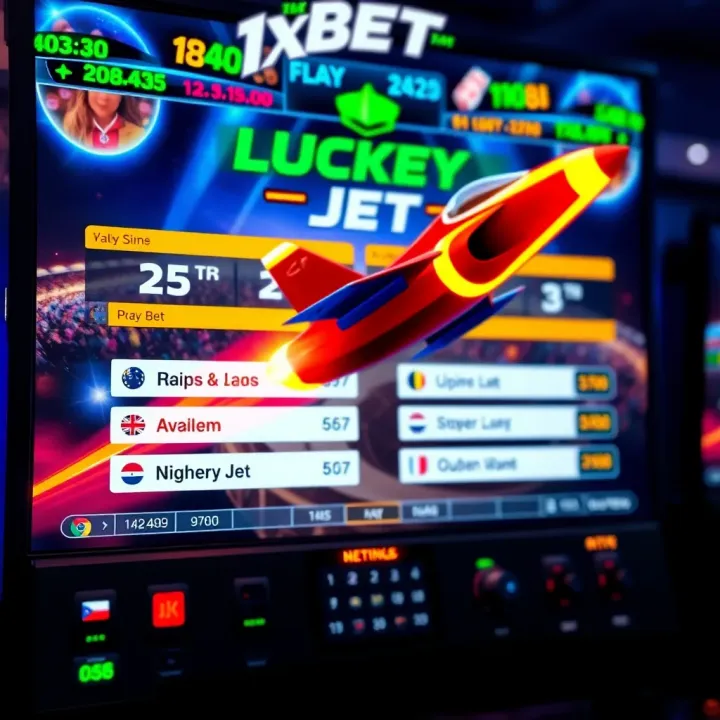 Lucky Jet Game Interface and Betting Options Colorful digital game interface showing a jet plane soaring with betting options displayed