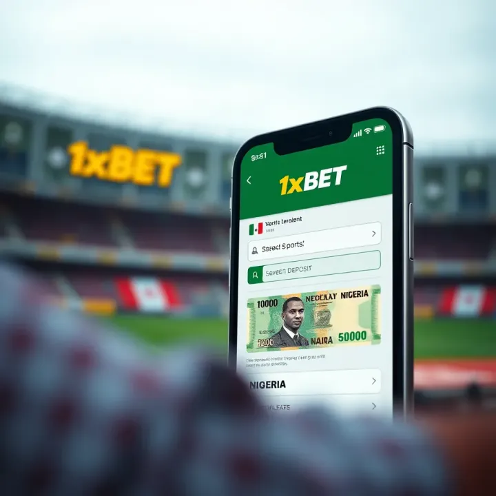 Illustration showing the 1xBet app registration and deposit screen with Nigerian Naira currency