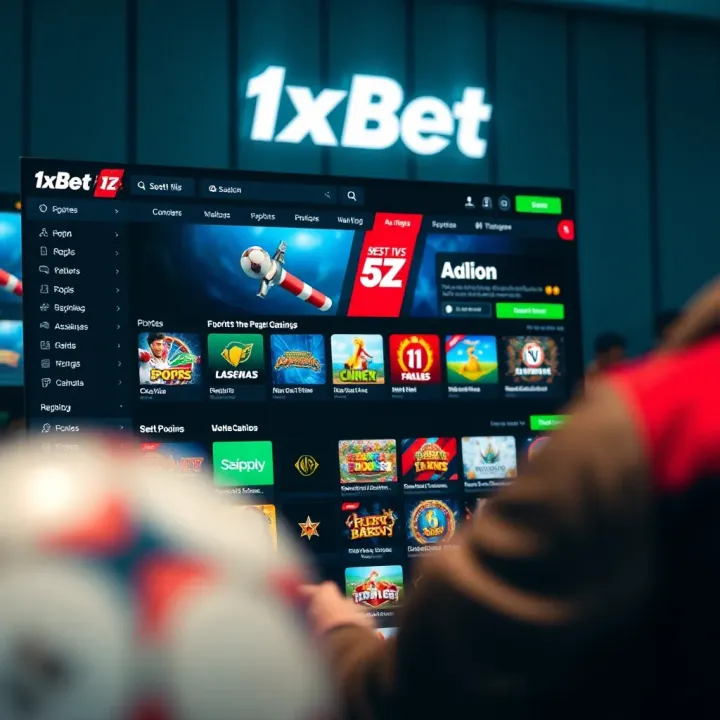 Display of 1xBet betting platform featuring sports categories and casino game options