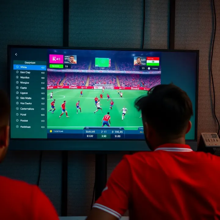 Virtual football match simulation on a digital screen with betting options