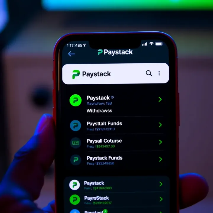 Smartphone screen displaying a financial app with Paystack logo and withdrawal options