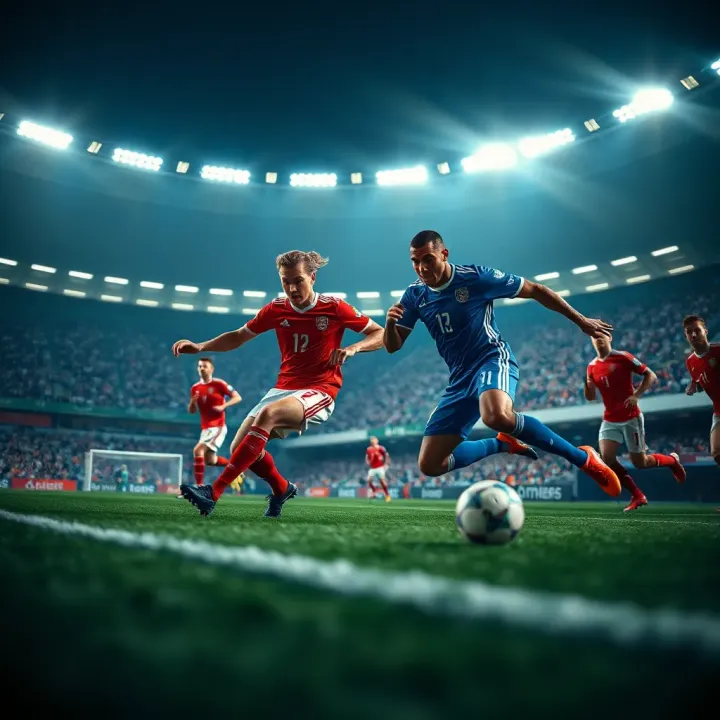 Football players competing in a stadium during a World Cup qualifier match